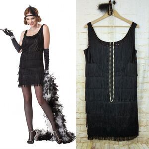 California Costume Fashion Flapper Fringe Dress Women XL Black Headband Necklace